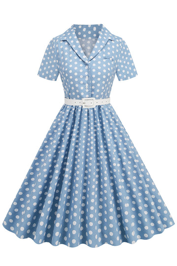 Hepburn Style V Neck Blue Polka Dots 1950-tallskjole